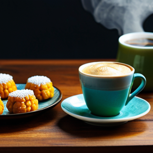 **

"A vibrant display of traditional Malaysian kuih-muih, such as onde-onde, kuih koci, and kuih talam, arranged artfully on a wooden table. Beside them, a steaming cup of dark-roasted espresso in a ceramic mug. Soft, natural lighting. Focus on the textures and colors of the food. fully clothed, safe for work, appropriate content, family-friendly, perfect anatomy, natural proportions, professional photography, high quality, modest."

**