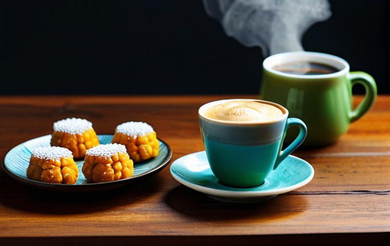 **

"A vibrant display of traditional Malaysian kuih-muih, such as onde-onde, kuih koci, and kuih talam, arranged artfully on a wooden table. Beside them, a steaming cup of dark-roasted espresso in a ceramic mug. Soft, natural lighting. Focus on the textures and colors of the food. fully clothed, safe for work, appropriate content, family-friendly, perfect anatomy, natural proportions, professional photography, high quality, modest."

**