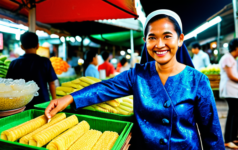 Nostalgic Kuih Stall**

"A vibrant and bustling scene at a *pasar malam* (night market) in Malaysia. A traditional *kuih* stall is the focal point, overflowing with colorful *kuih-muih* arranged on banana leaves and tiered trays. A friendly vendor, *makcik* (auntie) in a *baju kurung*, smiles warmly. Soft, natural lighting, shallow depth of field focusing on the *kuih*. In the background, blurred lights and other market stalls create a sense of lively activity. Safe for work, appropriate content, fully clothed, professional, family-friendly, perfect anatomy, natural proportions, well-formed hands."

**